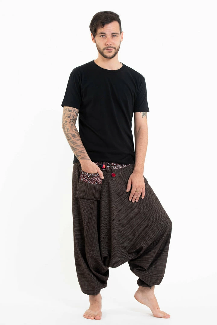 HaremPants.com Pinstripe Cotton Low Cut Men's Harem Pants With Hill Tribe Trim Brown 7 HaremPants.com Pinstripe Cotton Low Cut Men's Harem Pants With Hill Tribe Trim Brown