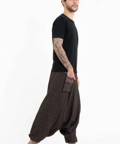 HaremPants.com Pinstripe Cotton Low Cut Men's Harem Pants With Hill Tribe Trim Brown 13 HaremPants.com Pinstripe Cotton Low Cut Men's Harem Pants With Hill Tribe Trim Brown