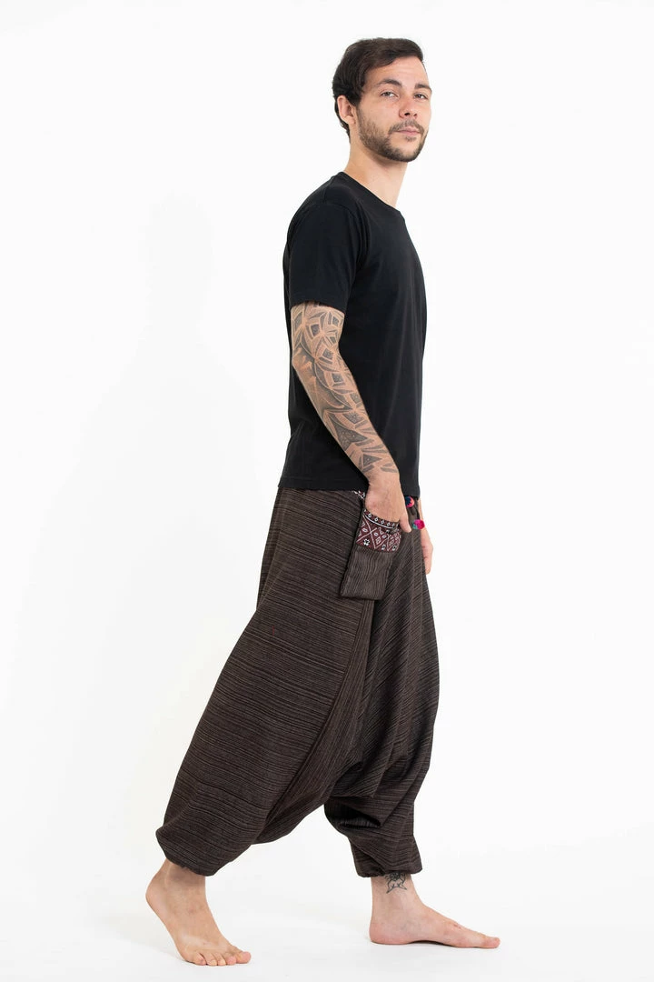 HaremPants.com Pinstripe Cotton Low Cut Men's Harem Pants With Hill Tribe Trim Brown 8 HaremPants.com Pinstripe Cotton Low Cut Men's Harem Pants With Hill Tribe Trim Brown