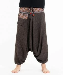 HaremPants.com Pinstripe Cotton Low Cut Men's Harem Pants With Hill Tribe Trim Brown
