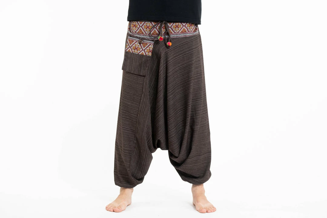 HaremPants.com Pinstripe Cotton Low Cut Men's Harem Pants With Hill Tribe Trim Brown 4 HaremPants.com Pinstripe Cotton Low Cut Men's Harem Pants With Hill Tribe Trim Brown