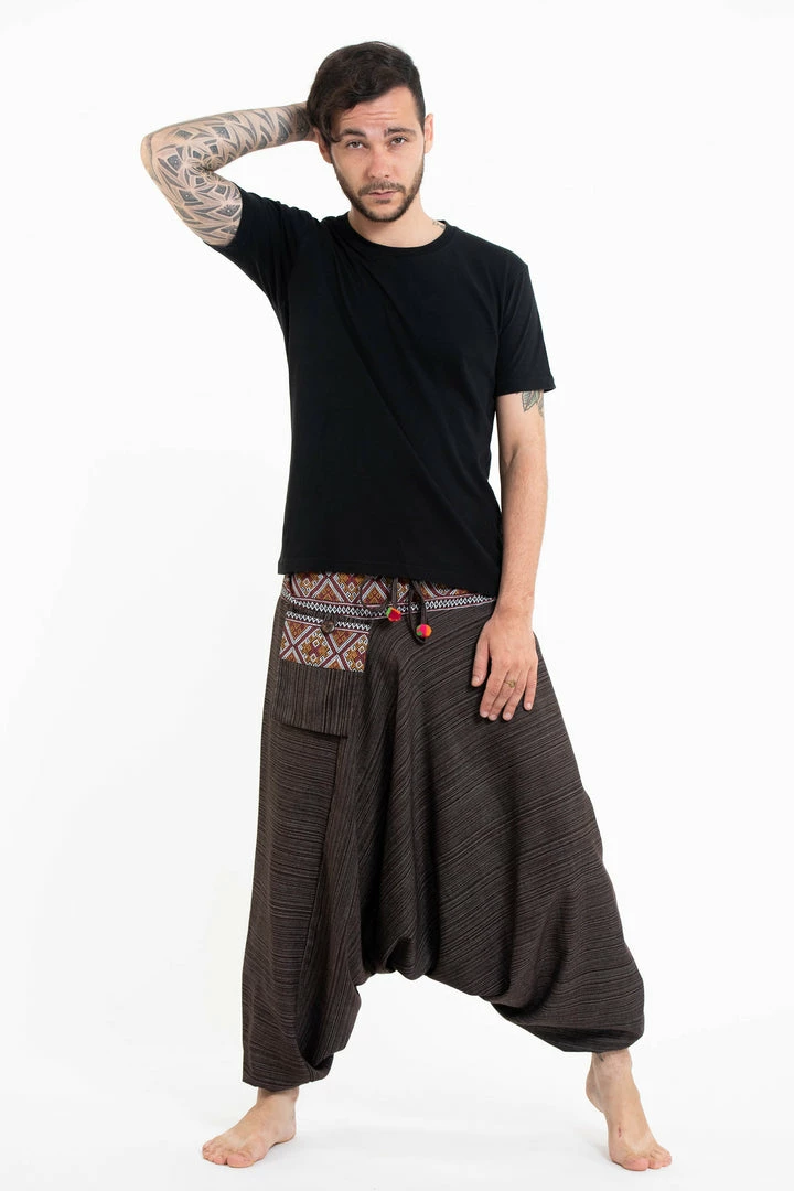 HaremPants.com Pinstripe Cotton Low Cut Men's Harem Pants With Hill Tribe Trim Brown 3 HaremPants.com Pinstripe Cotton Low Cut Men's Harem Pants With Hill Tribe Trim Brown
