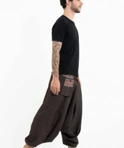 HaremPants.com Pinstripe Cotton Low Cut Men's Harem Pants With Hill Tribe Trim Brown 10 HaremPants.com Pinstripe Cotton Low Cut Men's Harem Pants With Hill Tribe Trim Brown