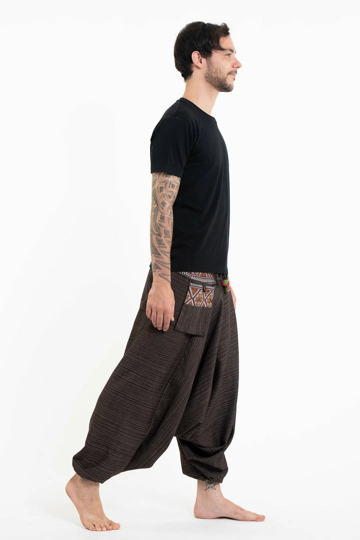 HaremPants.com Pinstripe Cotton Low Cut Men's Harem Pants With Hill Tribe Trim Brown 5 HaremPants.com Pinstripe Cotton Low Cut Men's Harem Pants With Hill Tribe Trim Brown