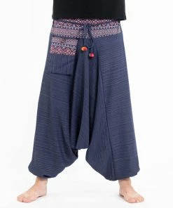 HaremPants.com Pinstripe Cotton Low Cut Men's Harem Pants With Hill Tribe Trim Navy