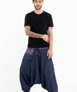 HaremPants.com Pinstripe Cotton Low Cut Men's Harem Pants With Hill Tribe Trim Navy