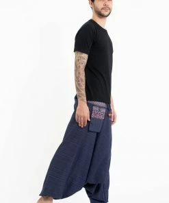 HaremPants.com Pinstripe Cotton Low Cut Men's Harem Pants With Hill Tribe Trim Navy