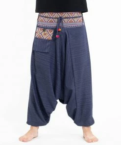 HaremPants.com Pinstripe Cotton Low Cut Men's Harem Pants With Hill Tribe Trim Navy