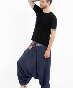 HaremPants.com Pinstripe Cotton Low Cut Men's Harem Pants With Hill Tribe Trim Navy