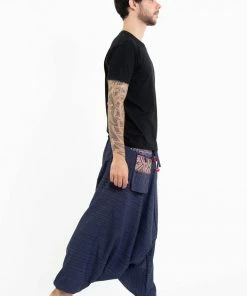 HaremPants.com Pinstripe Cotton Low Cut Men's Harem Pants With Hill Tribe Trim Navy