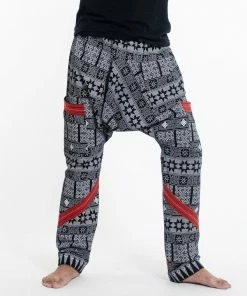 HaremPants.com Traditional Print Thai Hill Tribe Fabric Men's Slim Cut Harem Pants In Black And White