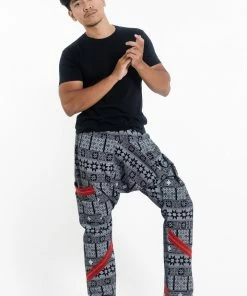 HaremPants.com Traditional Print Thai Hill Tribe Fabric Men's Slim Cut Harem Pants In Black And White
