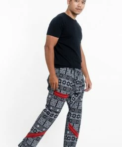 HaremPants.com Traditional Print Thai Hill Tribe Fabric Men's Slim Cut Harem Pants In Black And White