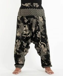 HaremPants.com Plus Size Hill Tribe Koi Fish Print Men's Harem Pants In Black