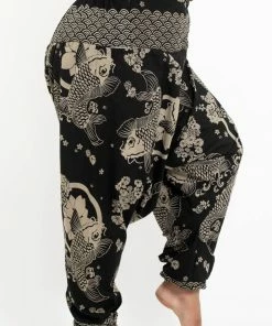 HaremPants.com Plus Size Hill Tribe Koi Fish Print Men's Harem Pants In Black