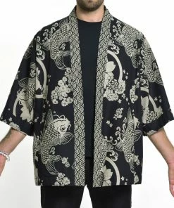 HaremPants.com Women's Koi Fish Print Cotton Kimono Cardigan In Black