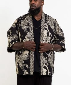 HaremPants.com Women's Koi Fish Print Cotton Kimono Cardigan In Black