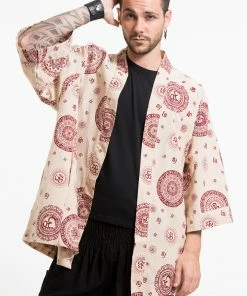 HaremPants.com Ohm Print Cotton Kimono Cardigan In Cream Women's