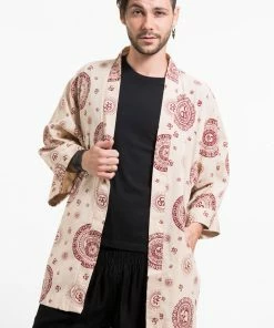 HaremPants.com Ohm Print Cotton Kimono Cardigan In Cream Women's