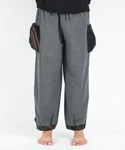 HaremPants.com Thai Cotton Men Drawstring Pants With Hill Tribe Trim Dark Gray Men's