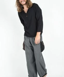 HaremPants.com Thai Cotton Men Drawstring Pants With Hill Tribe Trim Dark Gray Men's