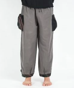 HaremPants.com Men's Thai Cotton Men Drawstring Pants With Hill Tribe Trim Gray