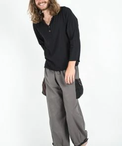 HaremPants.com Men's Thai Cotton Men Drawstring Pants With Hill Tribe Trim Gray