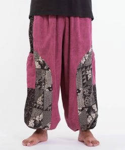 HaremPants.com Plus Size Stone Washed Patchwork Men Unisex Pants In Magenta