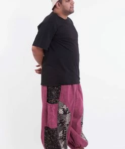 HaremPants.com Plus Size Stone Washed Patchwork Men Unisex Pants In Magenta