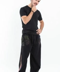 HaremPants.com Thai Cotton Men's Pants With Hill Tribe Trim In Black