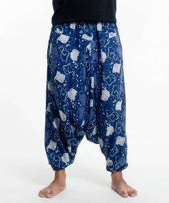 HaremPants.com Women's Elephant Prints Men's Low Cut Cotton Harem Pants In Indigo