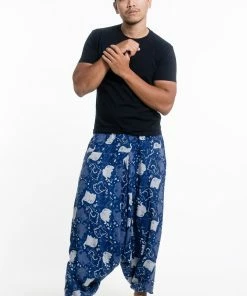 HaremPants.com Women's Elephant Prints Men's Low Cut Cotton Harem Pants In Indigo