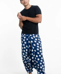 HaremPants.com Polkadot Prints Men's Low Cut Cotton Harem Pants In Indigo Women's