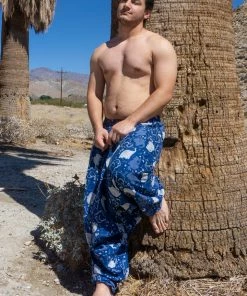 HaremPants.com Plus Size Elephant Prints Men's Low Cut Cotton Harem Pants In Indigo