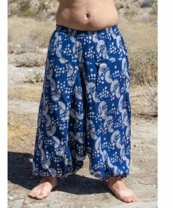 HaremPants.com Plus Size Fan Prints Men's Low Cut Cotton Harem Pants In Indigo Women's
