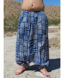 HaremPants.com Women's Plus Size Patchwork Prints Men's Low Cut Cotton Harem Pants In Indigo