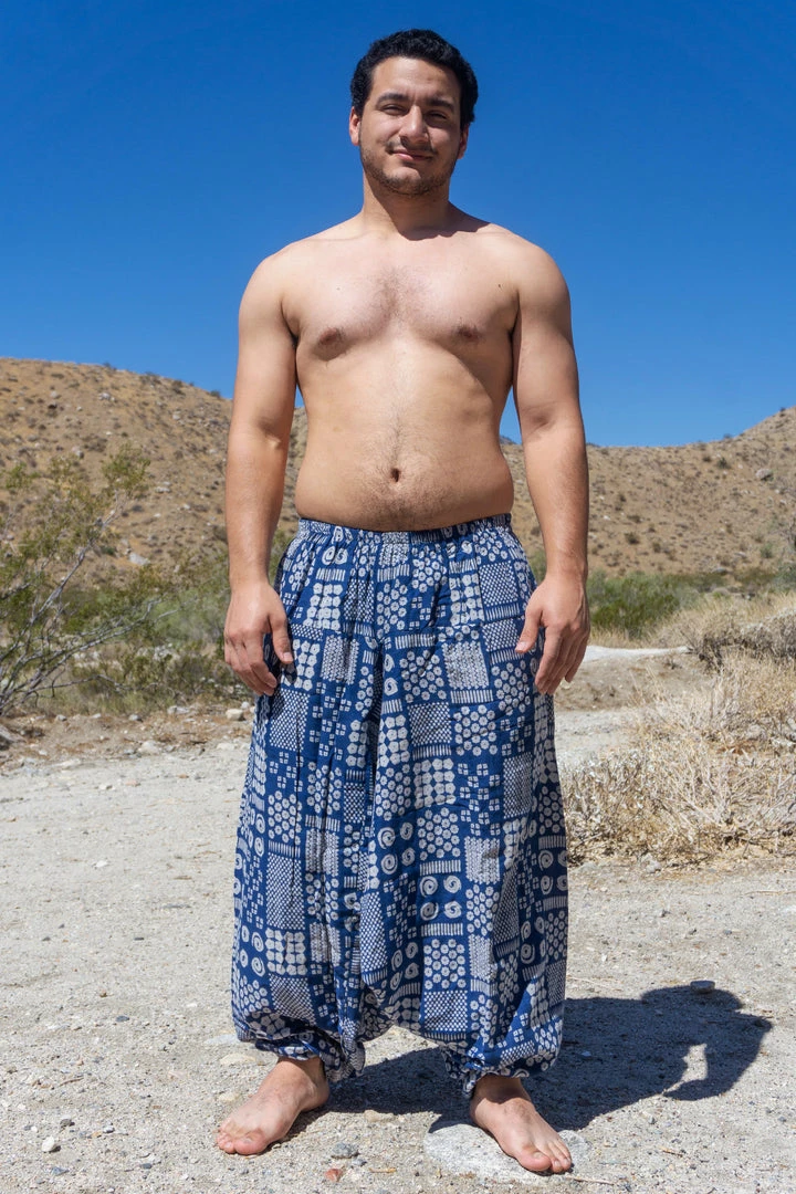 HaremPants.com Women's Plus Size Patchwork Prints Men's Low Cut Cotton Harem Pants In Indigo 3 HaremPants.com Women's Plus Size Patchwork Prints Men's Low Cut Cotton Harem Pants In Indigo