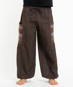 HaremPants.com Men's Drawstring Pinstripes Cotton Pants With Aztec Pocket In Brown