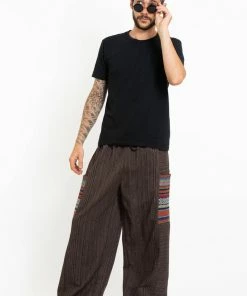 HaremPants.com Men's Drawstring Pinstripes Cotton Pants With Aztec Pocket In Brown