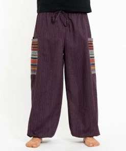 HaremPants.com Men's Drawstring Pinstripes Cotton Pants With Aztec Pocket In Purple