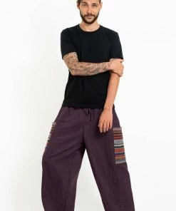 HaremPants.com Men's Drawstring Pinstripes Cotton Pants With Aztec Pocket In Purple