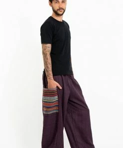 HaremPants.com Men's Drawstring Pinstripes Cotton Pants With Aztec Pocket In Purple