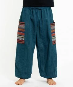 HaremPants.com Men's Drawstring Pinstripes Cotton Pants With Aztec Pocket In Turquoise