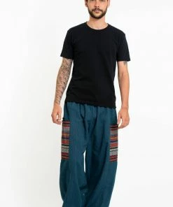 HaremPants.com Men's Drawstring Pinstripes Cotton Pants With Aztec Pocket In Turquoise