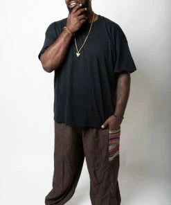 HaremPants.com Plus Size Men's Drawstring Pinstripes Cotton Pants With Aztec Pocket In Brown