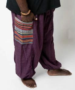 HaremPants.com Plus Size Men's Drawstring Pinstripes Cotton Pants With Aztec Pocket In Purple