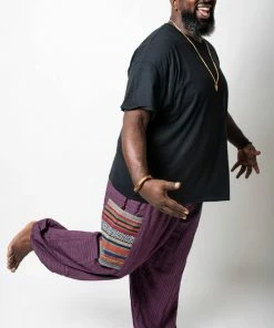 HaremPants.com Plus Size Men's Drawstring Pinstripes Cotton Pants With Aztec Pocket In Purple