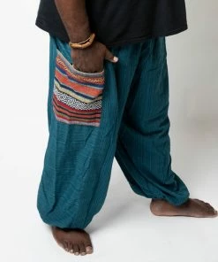 HaremPants.com Plus Size Men's Drawstring Pinstripes Cotton Pants With Aztec Pocket In Turquoise