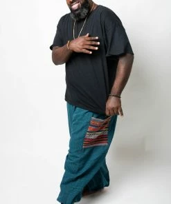 HaremPants.com Plus Size Men's Drawstring Pinstripes Cotton Pants With Aztec Pocket In Turquoise