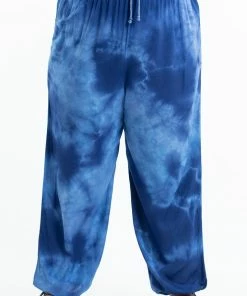 HaremPants.com Plus Size Tie Dye Drawstring Men's Yoga Massage Pants In Blue